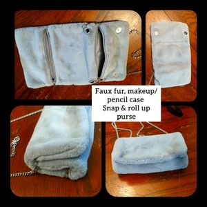 Light grey, NEW Fake Fur, super soft, makeup, pencil or travel organizer purse